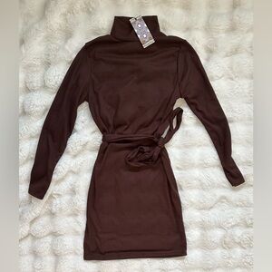 Boohoo Ribbed Roll Neck Belted Dress